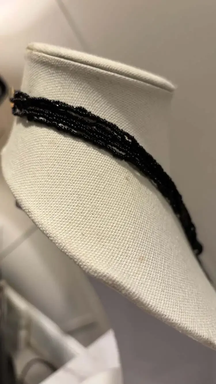 Vintage Multi-Strand Black Seed Necklace Inlaid Mother of Pearl